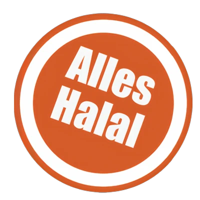 Orange circular stamp with the text "Alles Halal" in the center, indicating halal certification.