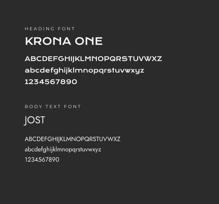 Typography card displaying Krona One for headings with uppercase, lowercase, and numbers, and Jost for body text with its own uppercase, lowercase, and numbers.