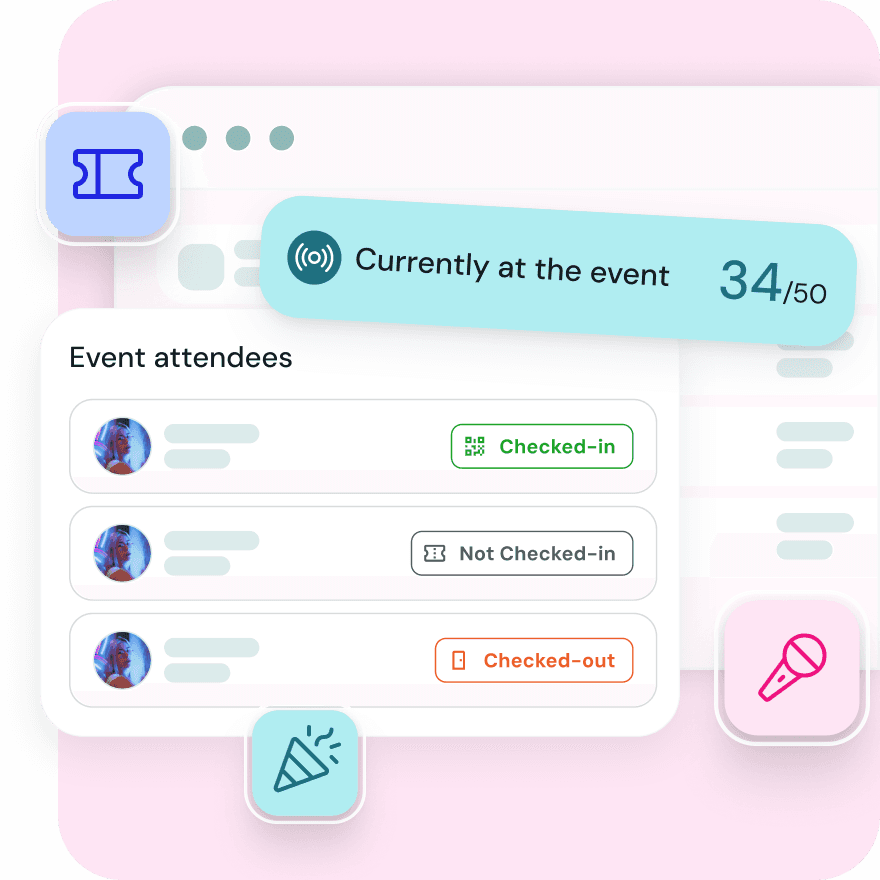 Lounge live check-in and check-out dashboard showing guest attendance tracking and real-time event participation for campus chapters
