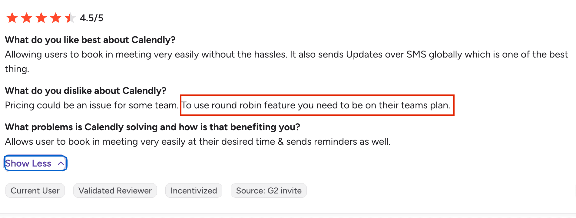 G2 review mentioning Calendly Round Robin team scheduling feature