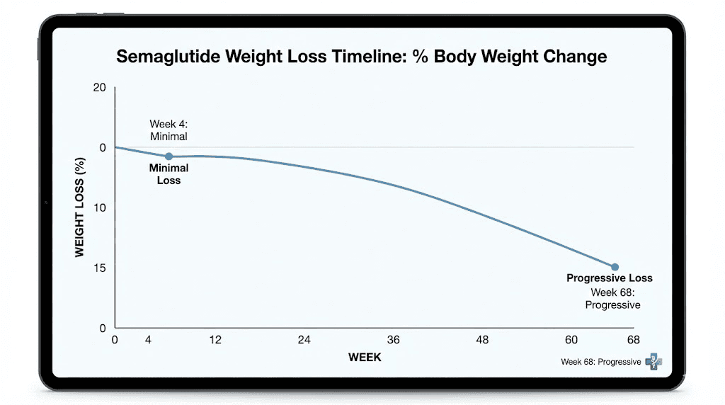 Semaglutide weight loss timeline showing expected results from week 4 through week 68