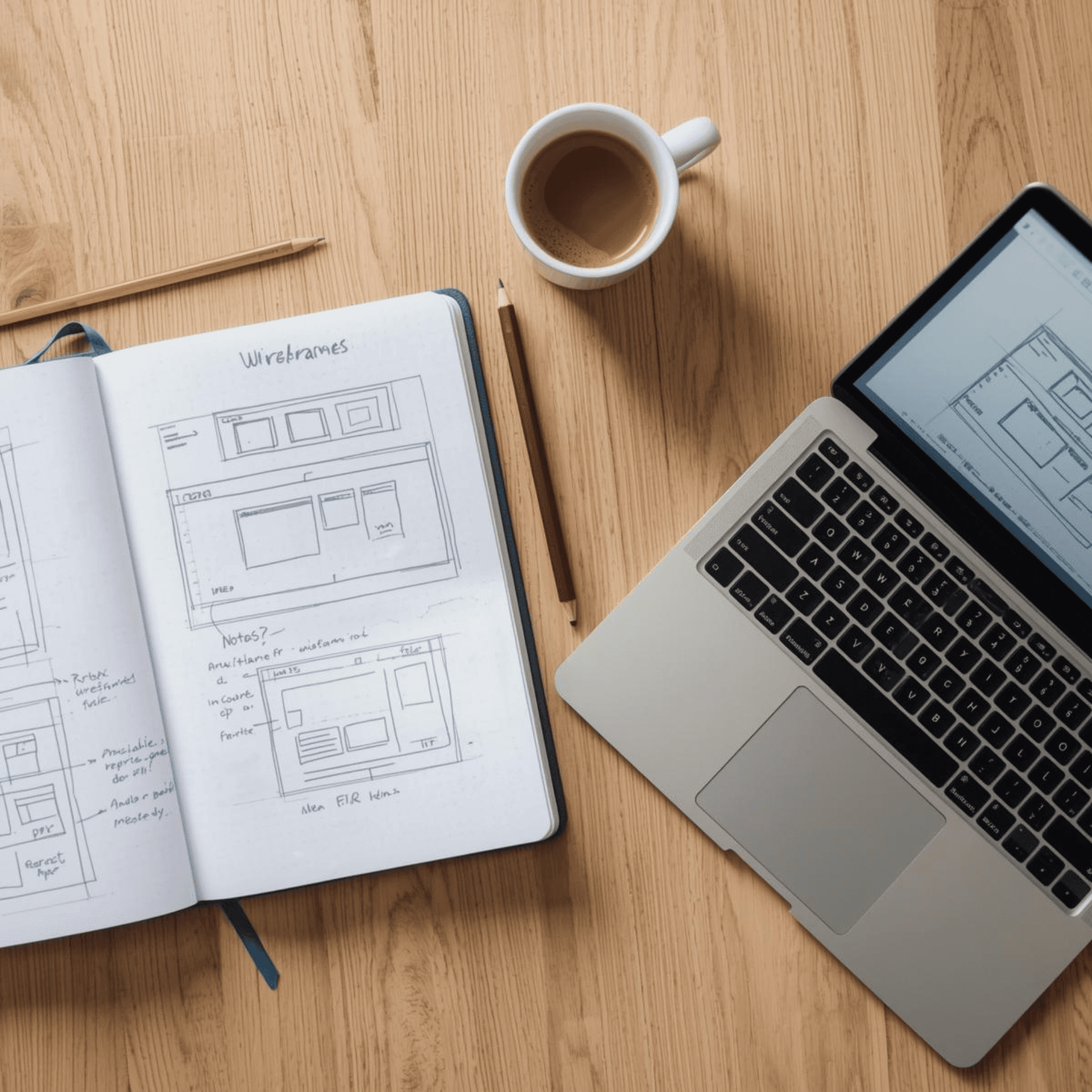 Vista cenital de un cuaderno con bocetos de wireframes para el diseño de una página web junto a una laptop y una taza de café, representando el proceso de planificación UX.