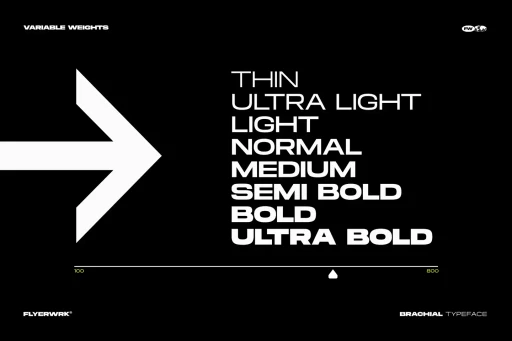 Brachial typeface showing eight variable weights from thin to ultra bold with large white arrow