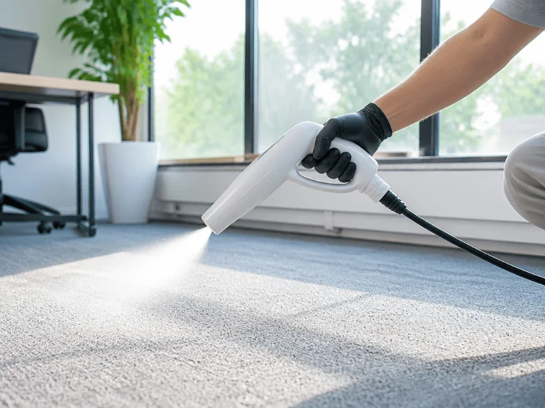 Eine Hand mit schwarzem Handschuh sprüht mit einer weißen Sprühdüse ein Reinigungsmittel fein vernebelt auf einen grauen Teppichboden im Büro