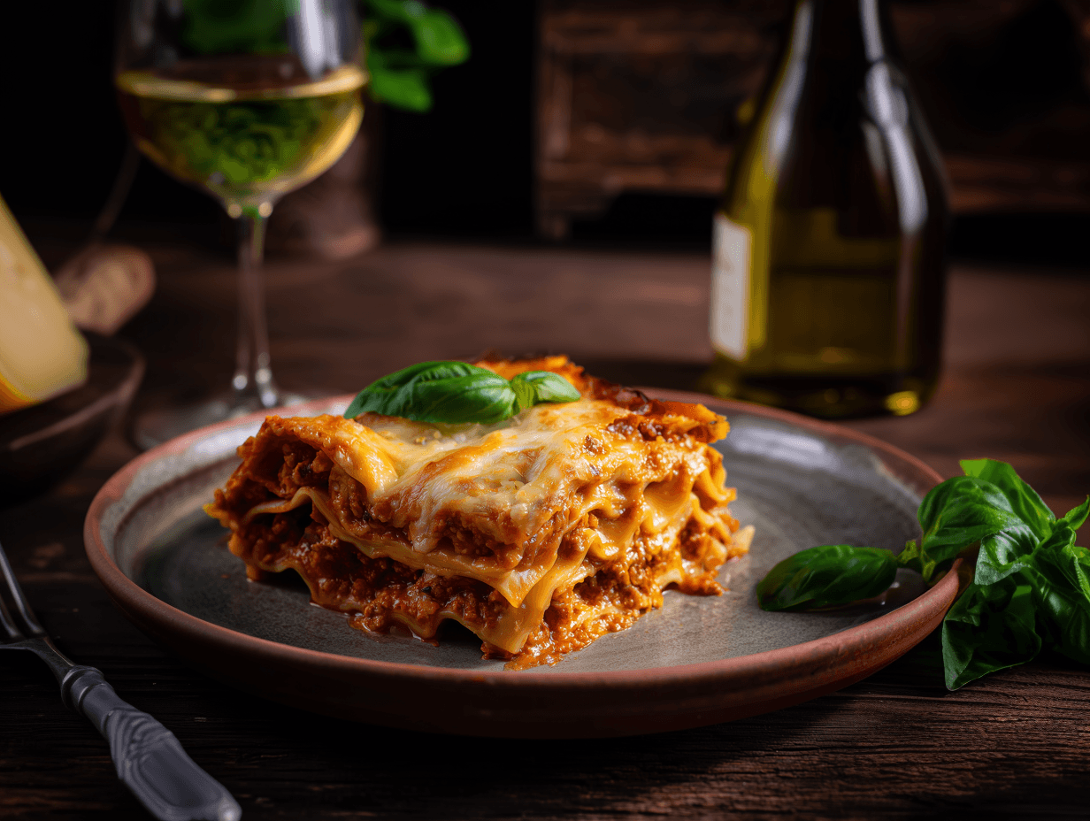Delicious lasagna on a plate with wine.