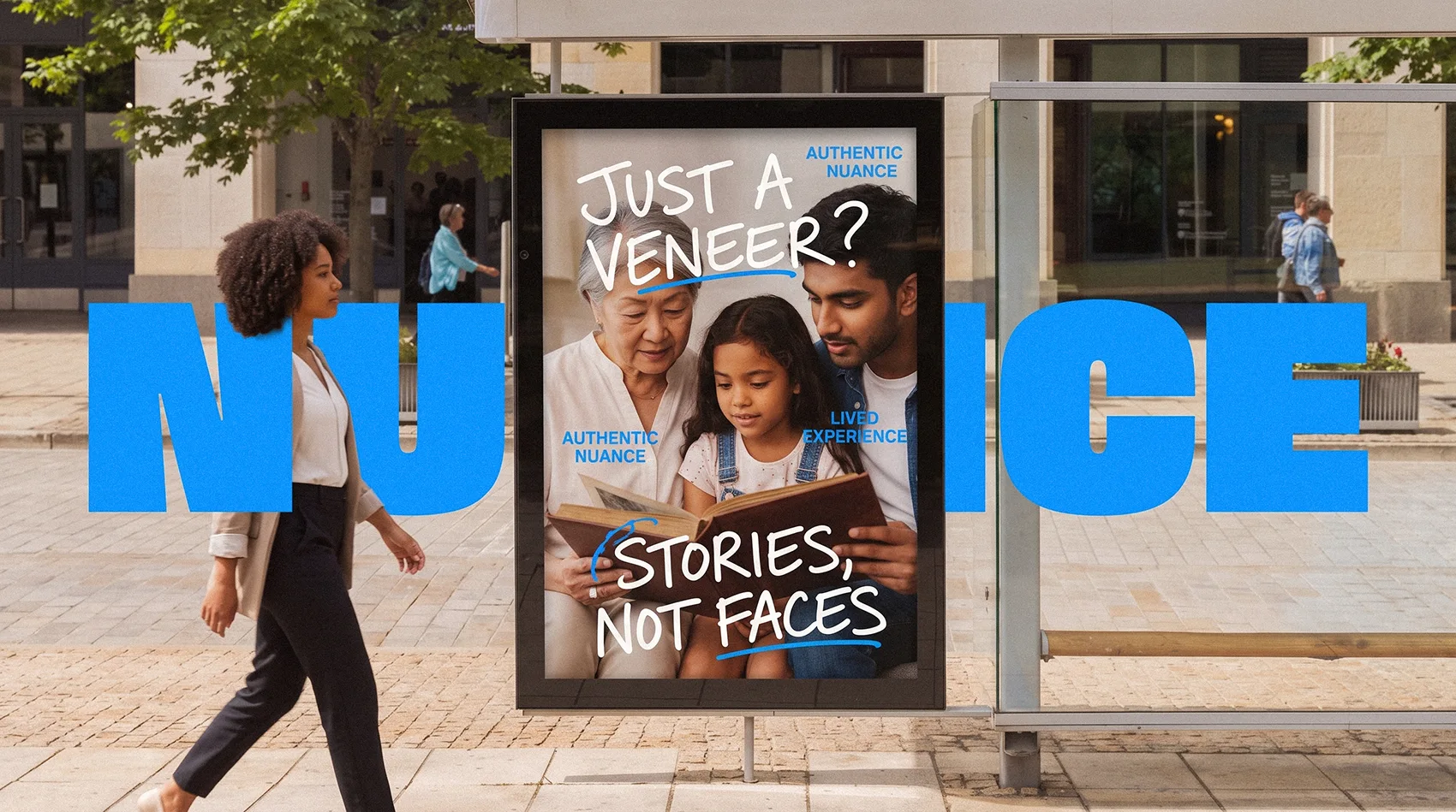 Bus stop poster showing multigenerational family reading book - just a veneer stories not faces BAME campaign