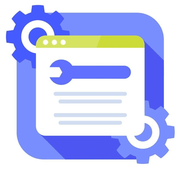 Illustration of gears and a spanner on a website, to represent website support and updates