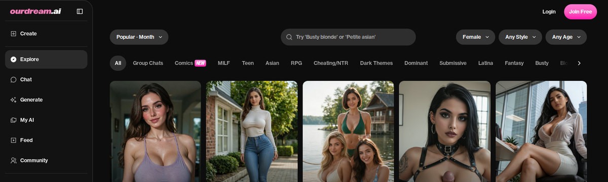 OurDream AI’s Explore page as shown to visitors, September 2026.