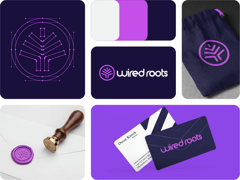 A branding showcase for 'Wired Roots,' featuring various visual assets and merchandise. The top left image displays the construction of the circular logo in purple with a tree-like circuit pattern. Next to it, a color palette swatch includes white, light purple, and dark purple. In the center, the brand name 'Wired Roots' is shown in light purple on a dark purple background, accompanied by the circular logo. To the right, a dark fabric drawstring bag with the purple logo printed on it is shown. The bottom left showcases a wax seal in light purple, stamped with the brand's logo, alongside the wax stamp tool. The bottom right displays a pair of business cards, one showing the owner's name 'Oscar Knock' and the other with the 'Wired Roots' logo on a dark background with subtle line patterns.