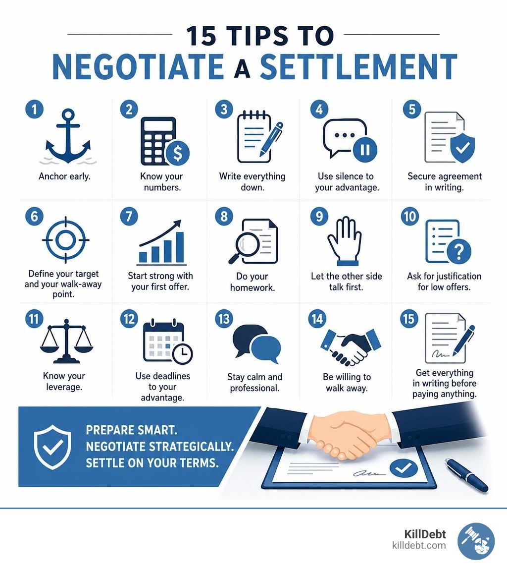 15 tips to negotiate a settlement: anchor early, know your numbers, write everything down, counter lowballs, use silence
