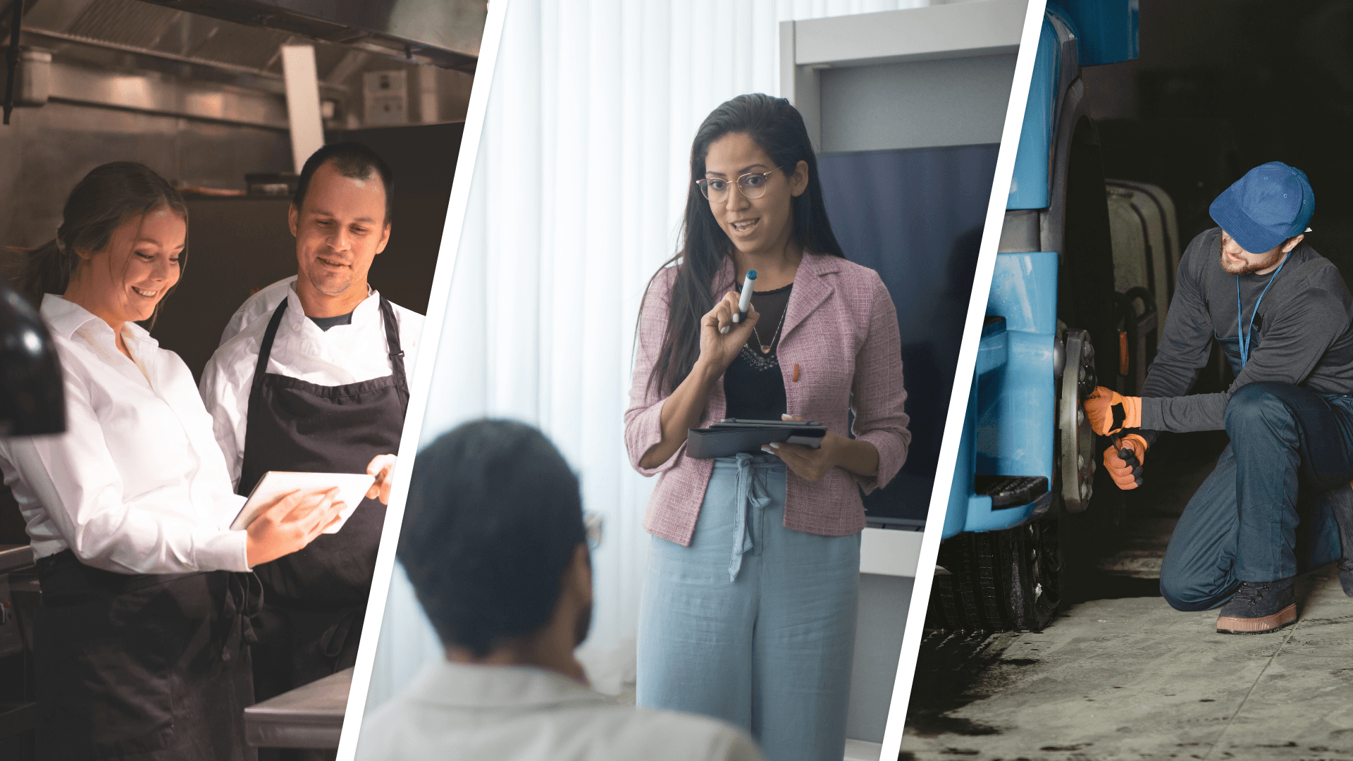 Divided in thirds, a photo of a male and female chef looking at a tablet in a commercial kitchen, a woman giving a presentation in an office, and technician servicing a truck.
