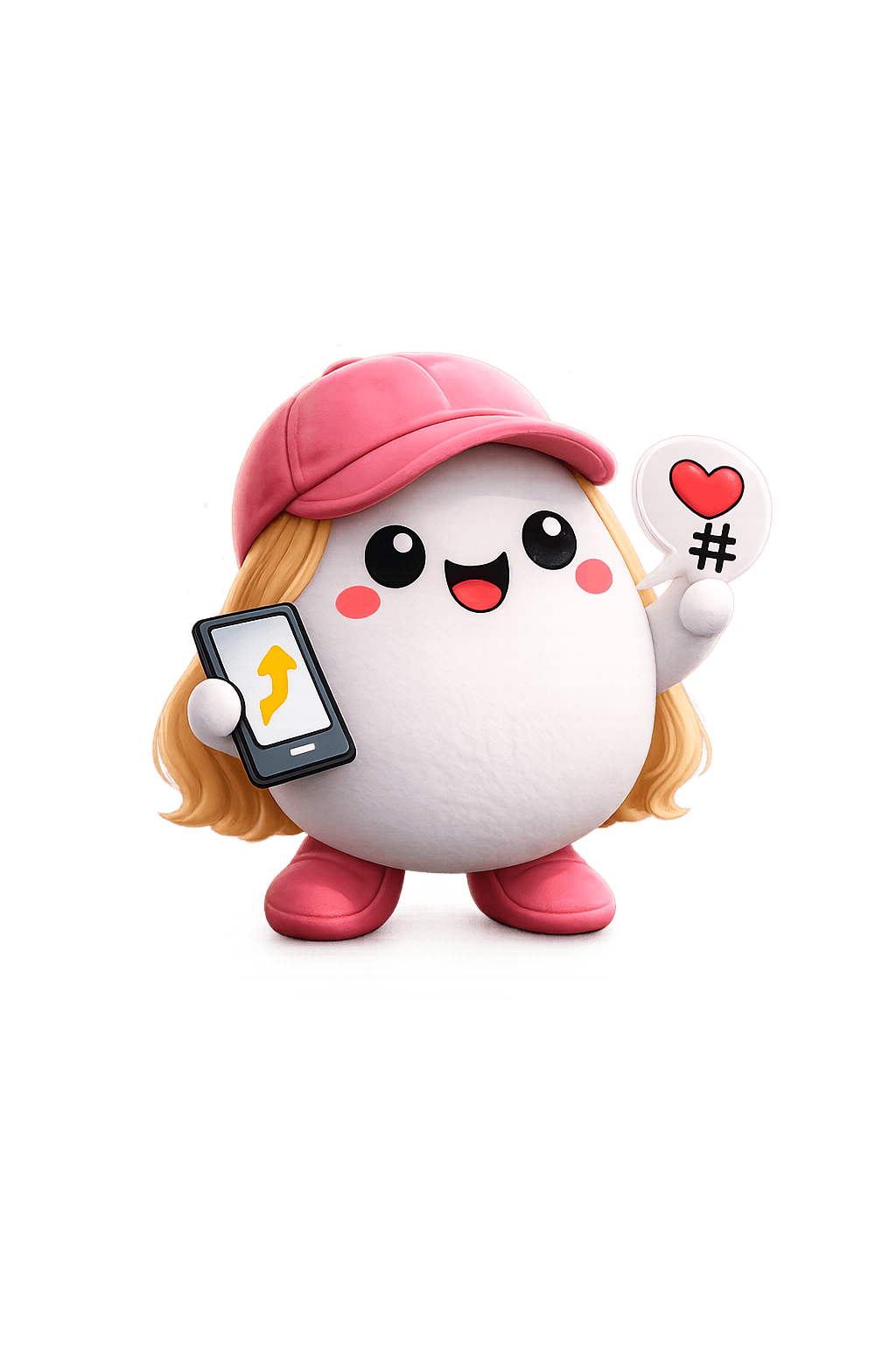 SocialMaatje digitale assistent - vriendelijk karakter met blonde haren, roze pet, telefoon met groei-indicator en social media symbolen