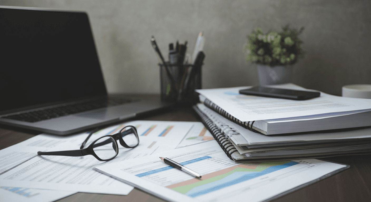 A well organized accountant office desktop with documents