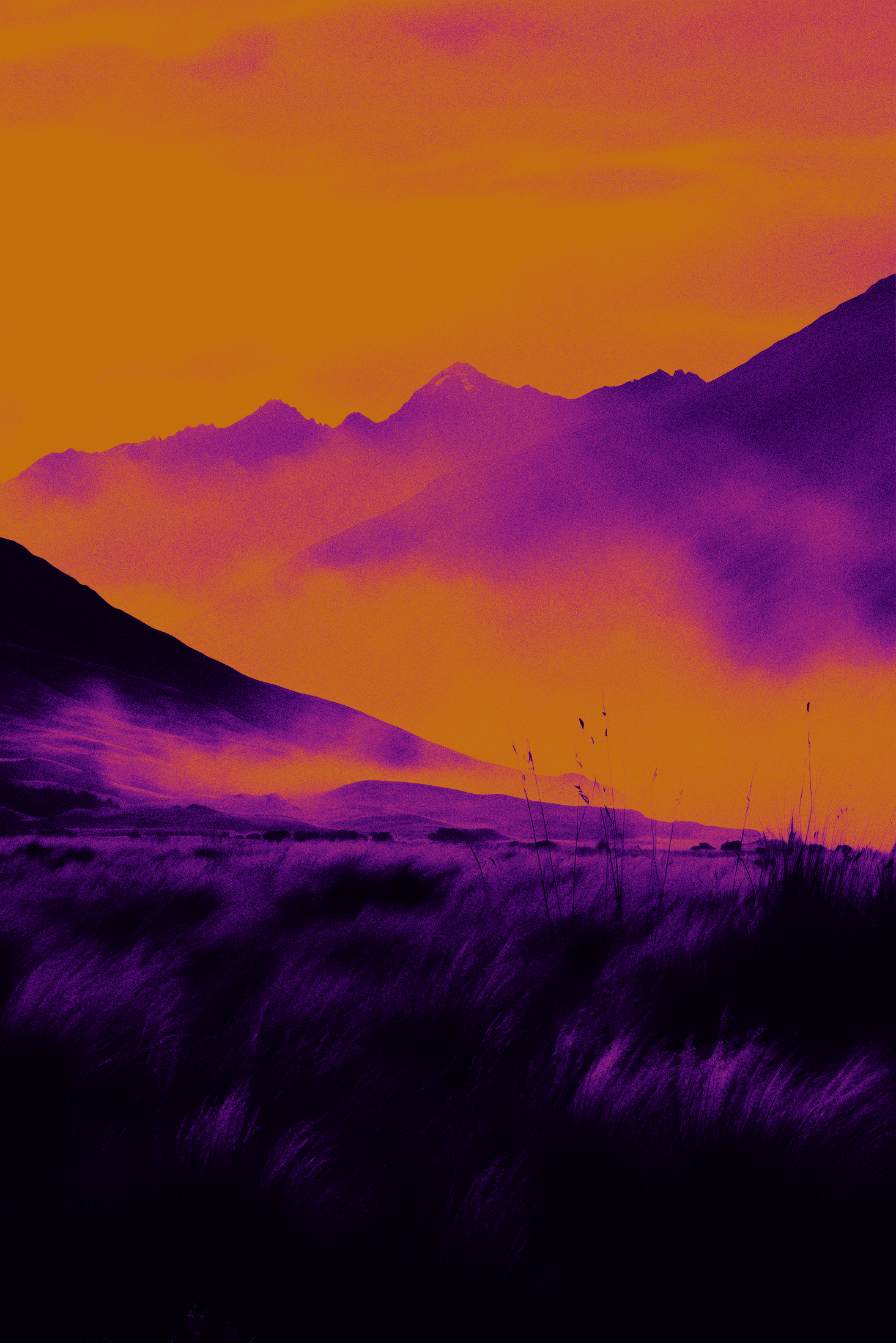 Mountain landscape with mist and grass in the foreground, rendered in vibrant orange and purple tones.