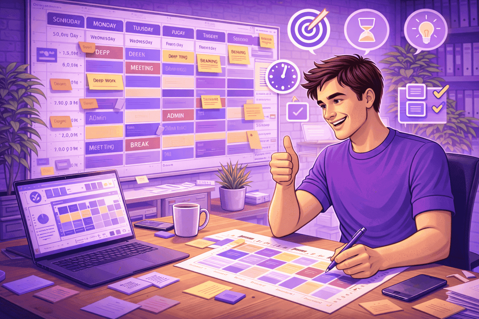 Happy employee creating a structured time management plan with organized schedule, improving productivity and achieving better work balance.