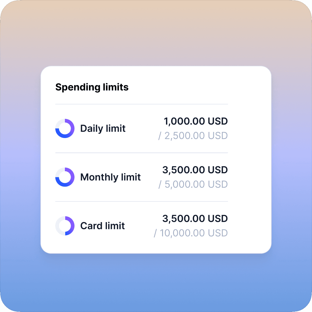 Spending limits summary showing daily, monthly, and card limit usage and remaining balance.