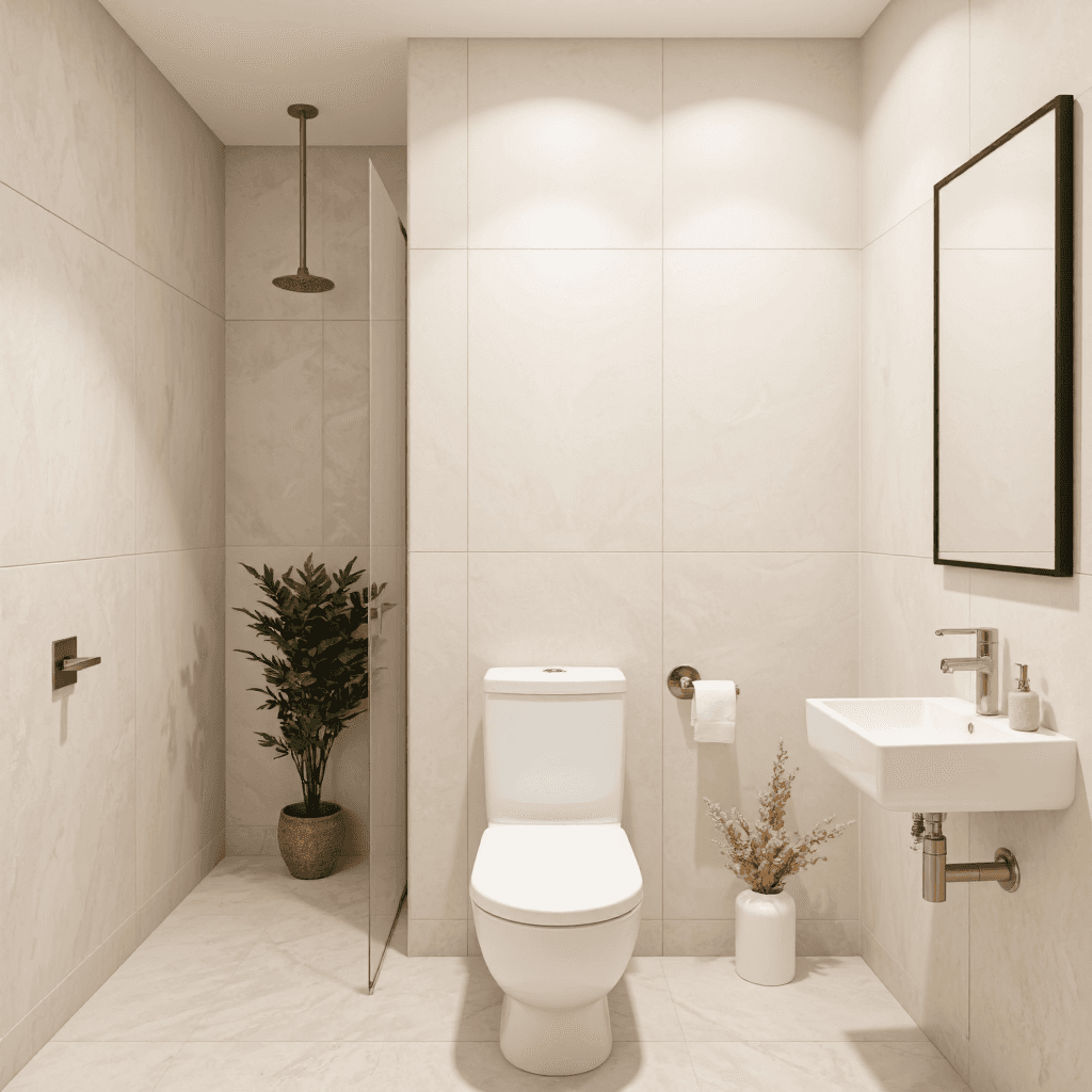product photography of a modern bathroom with a toilet and shower area