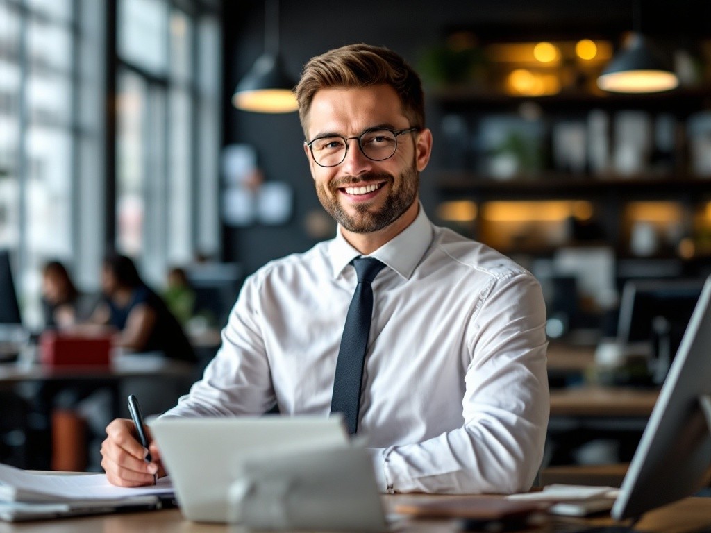 Smiling businessman sitting at his desk in an office