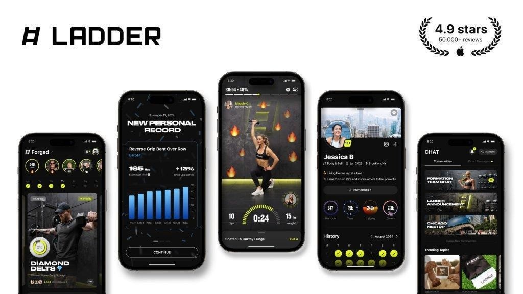 Ladder fitness app screenshots on the App Store showing a 4.9 star rating