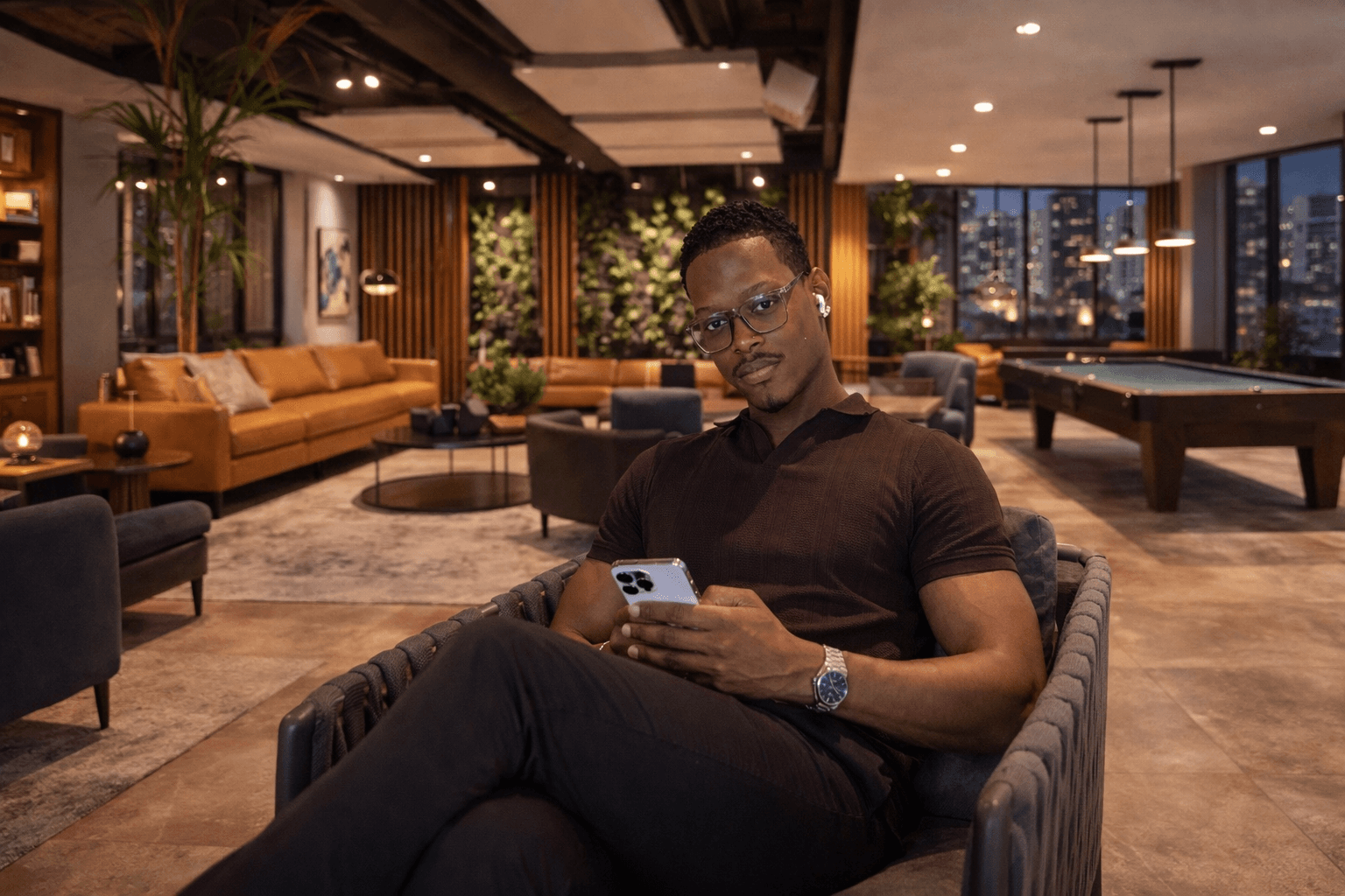 Modern glass and wood cabin with a cozy outdoor deck featuring wicker furniture, surrounded by lush green trees and a serene forest setting.