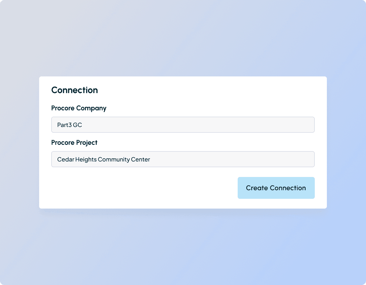 Part3 interface showing Procore connection setup with company and project selection