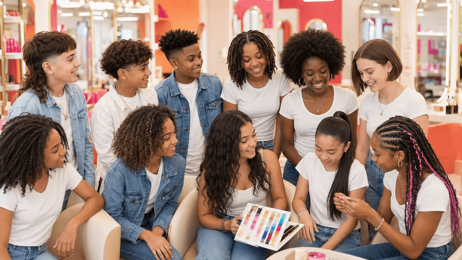 Group of teenagers learning about beauty products together in a salon-style educational setting.
