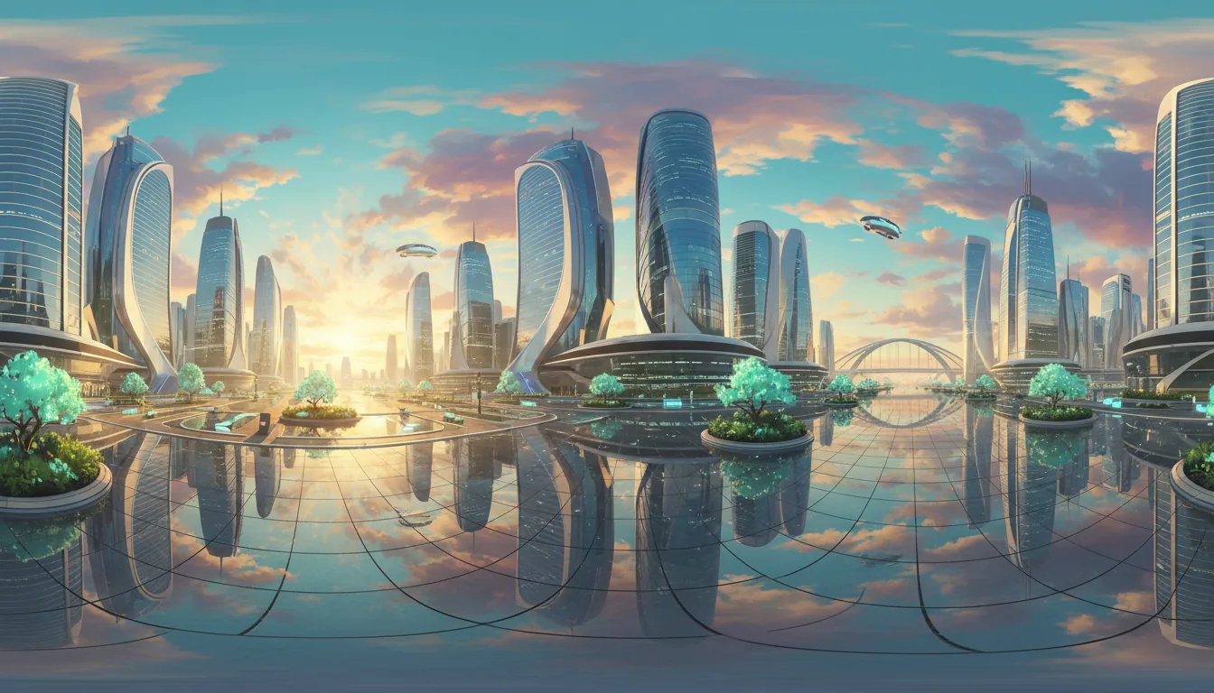 360-degree equirectangular panoramic 3D render of a futuristic city plaza, architectural visualization in the style of anime concept art. The scene features sleek modern buildings with curved glass facades reflecting a vibrant turquoise sky filled with dramatic, painterly clouds. The foreground is a wide, wet stone plaza with clear reflections, interspersed with lush green trees. The lighting is warm golden hour from a low sun, creating soft global illumination and a serene, utopian atmosphere, Twinmotion-style render.