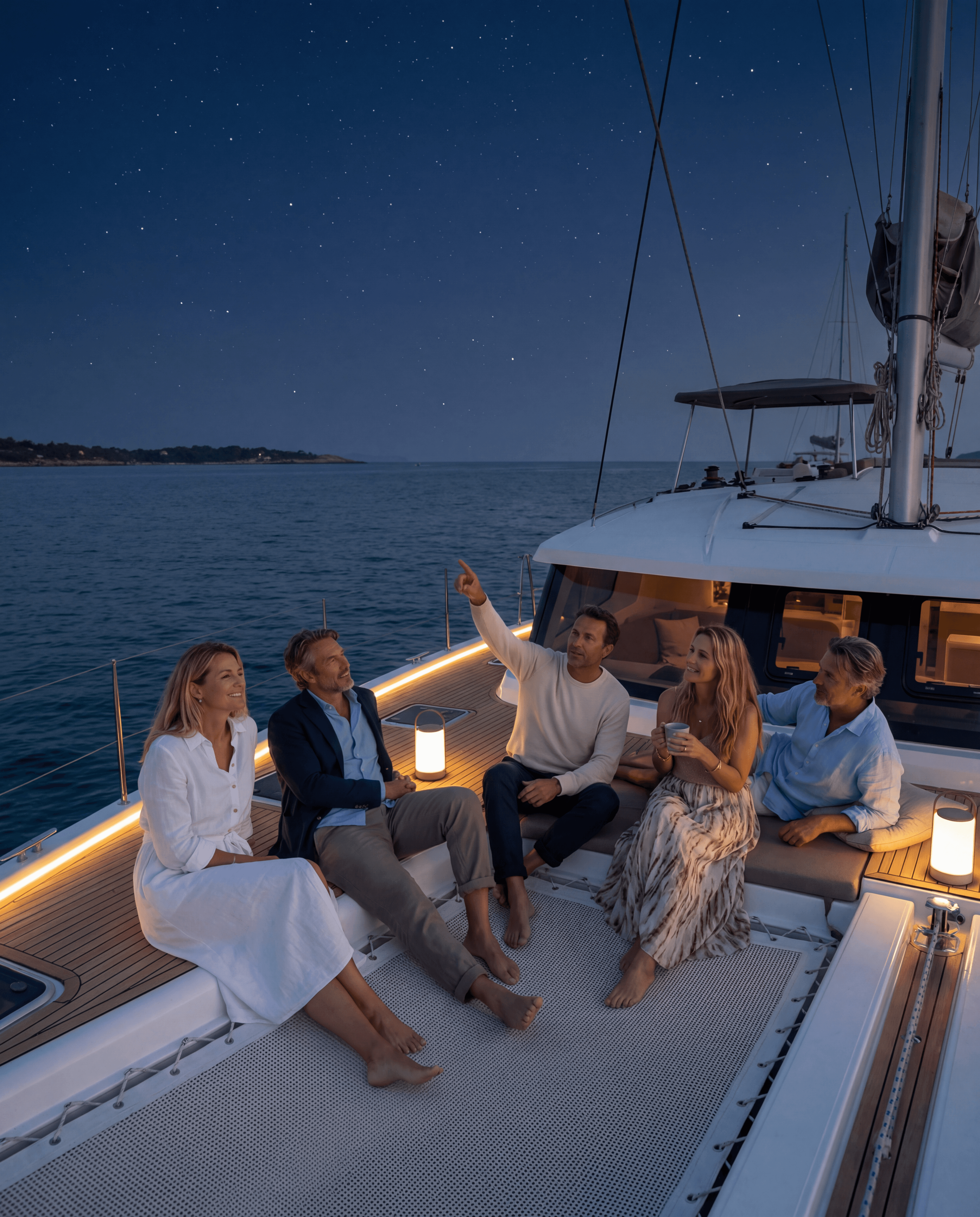Participants d’une croisière de reset mental partageant un moment de calme et de connexion sur un catamaran sous les étoiles