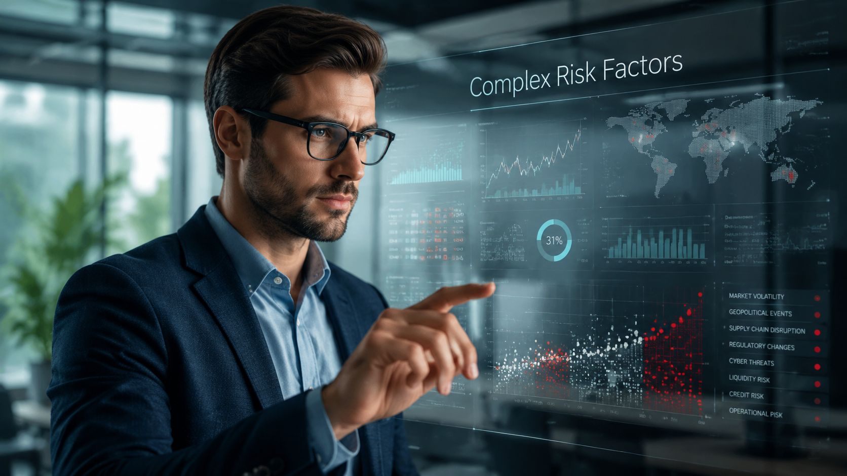 A professional man interacting with a holographic display showing global market risk data and financial analytics.