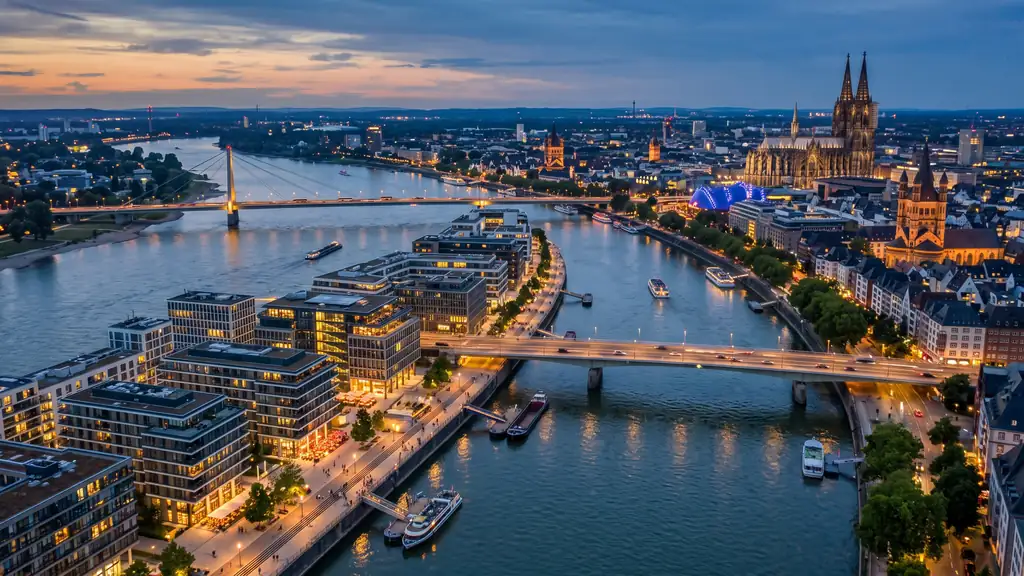 Aerial view of a modern European riverside development at dusk, real estate marketing Europe by TERAMOK