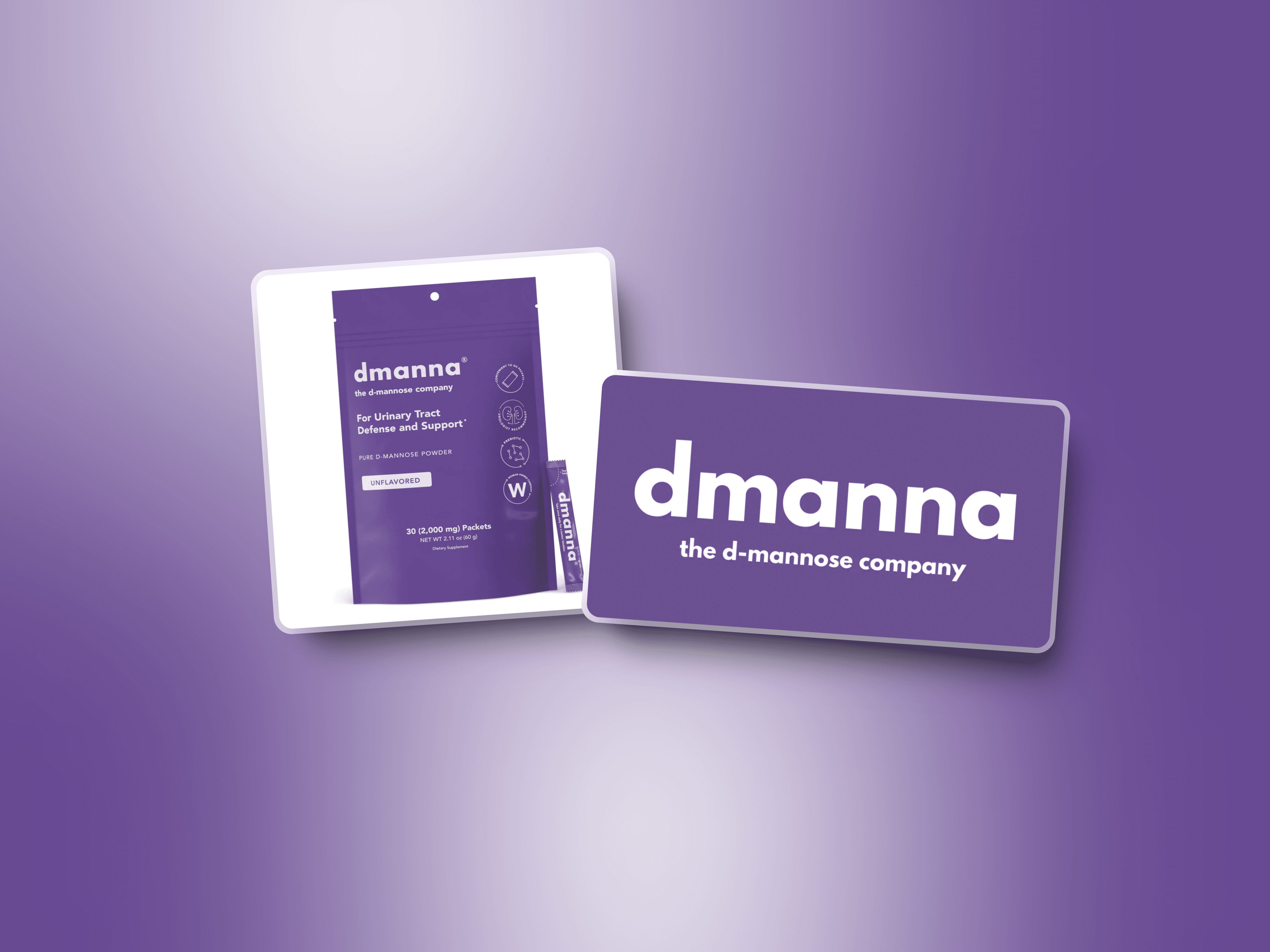 dmanna product packaging with logo. Includes a box and a card, promoting urinary tract health support.