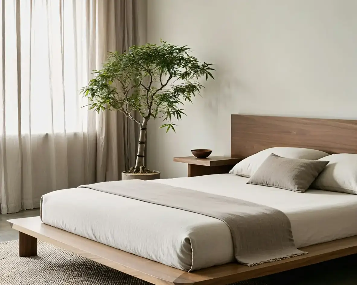 Bedroom with a low oak bed in linen and a small olive tree