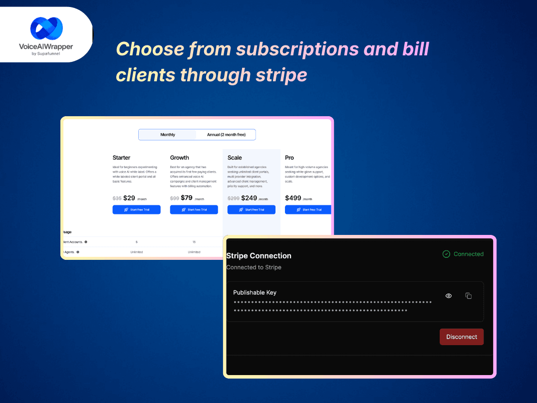 AIWrapper split feature with flexible subscription and overage billing plans, built-in Stripe usage markup automation, and direct payments with zero margin sharing | VoiceAIWrapper.