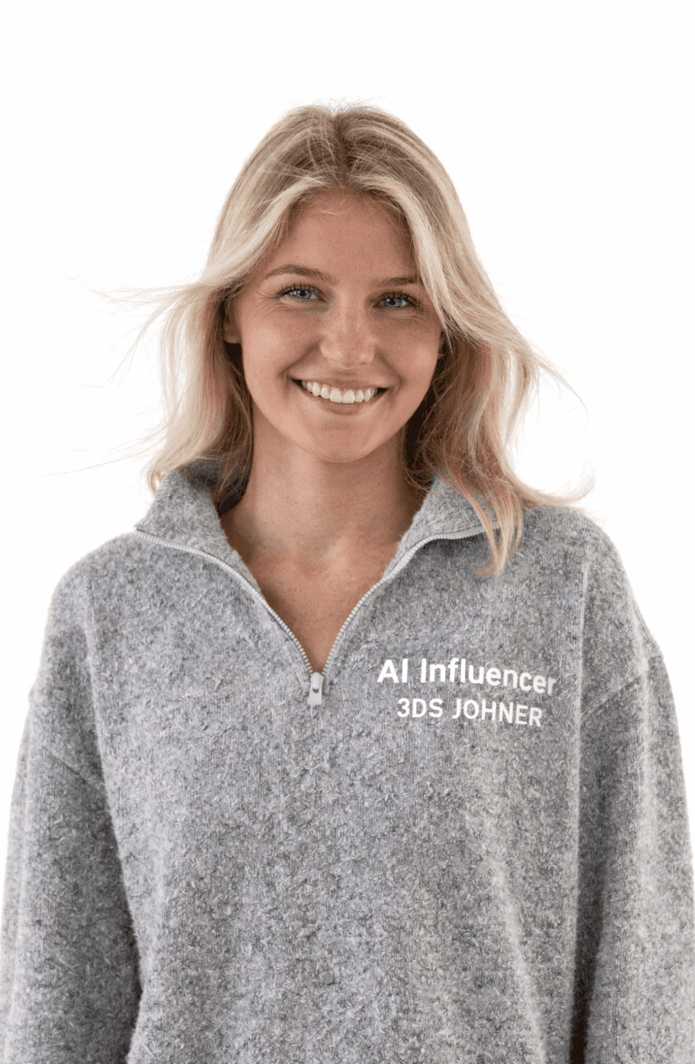AI Influencer mit grauem Hoodie und 3DS Johner Branding – Hero-Bild von 3DS Johner