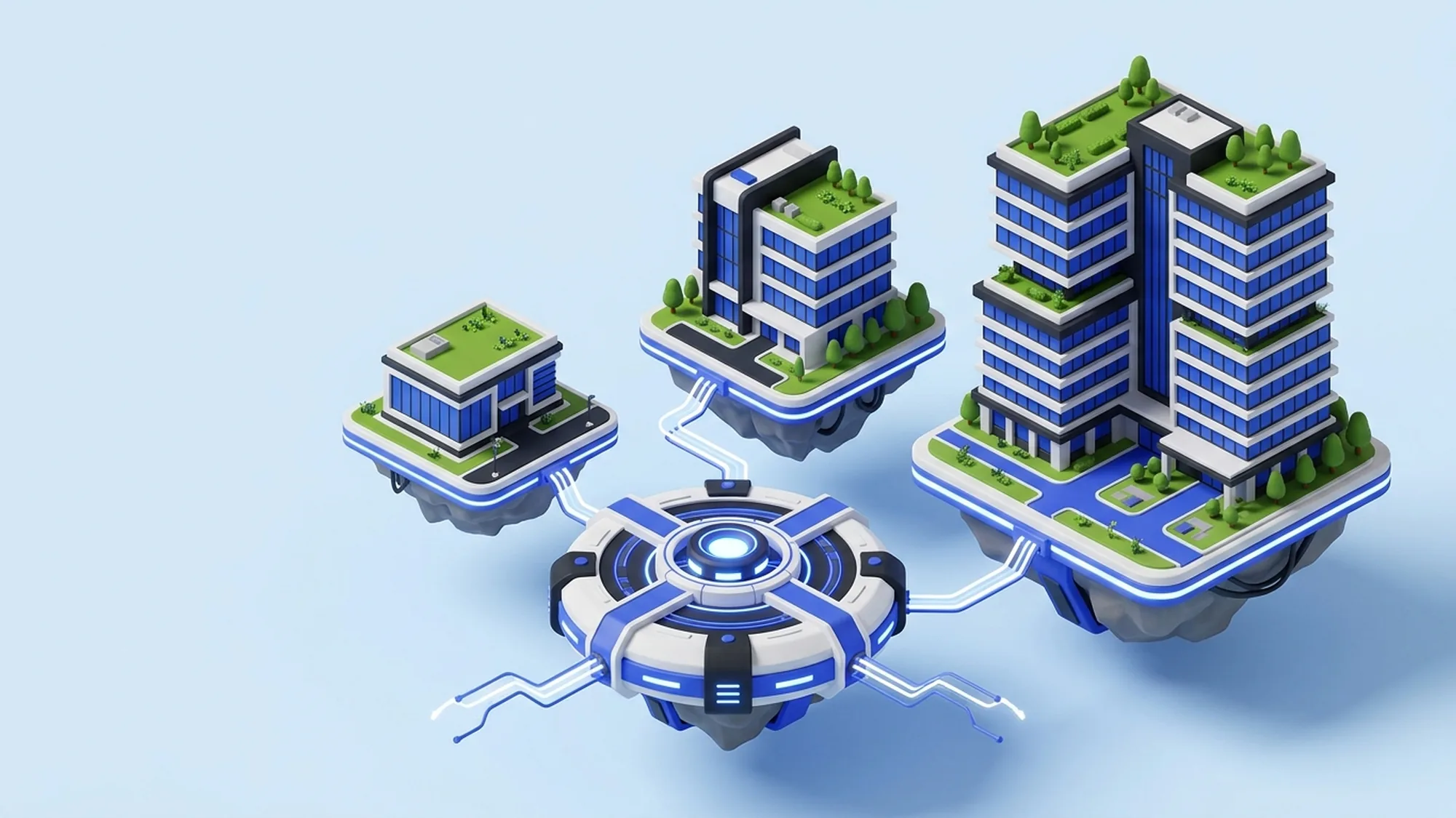 Illustration 3D des trois modèles de BPO selon la taille de l'entreprise : PME, ETI, grand compte