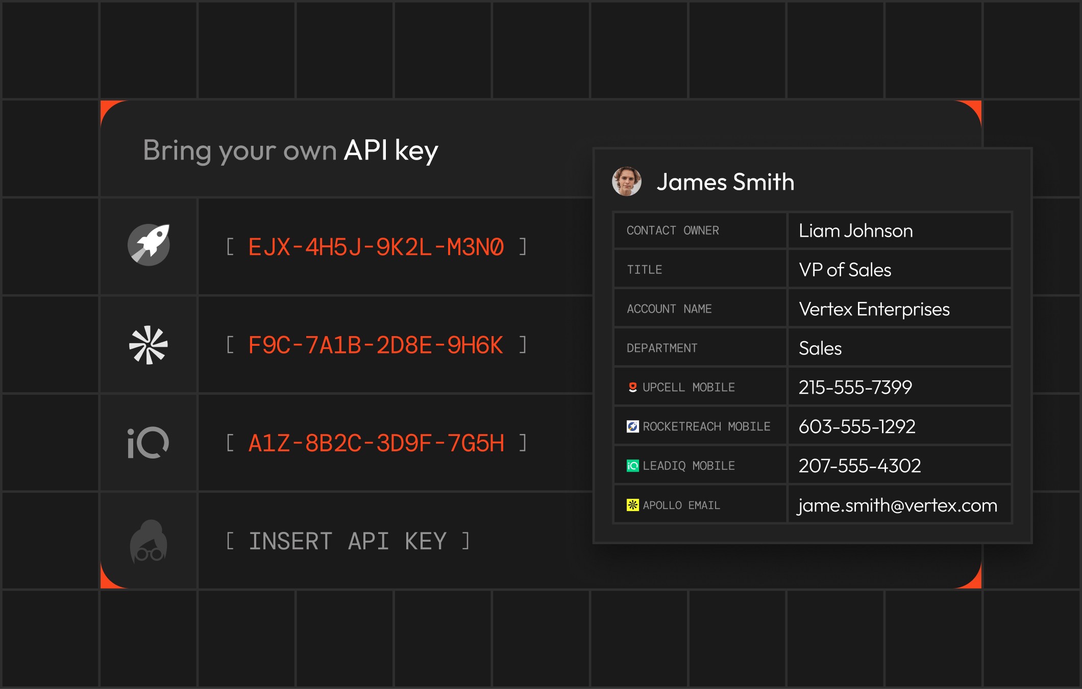 BYOK feature in the upcell Chrome extension showing API keys from Apollo, RocketReach, LeadIQ, and others mapped into a CRM record for a sales contact, with mobiles and email automatically assigned to fields.
