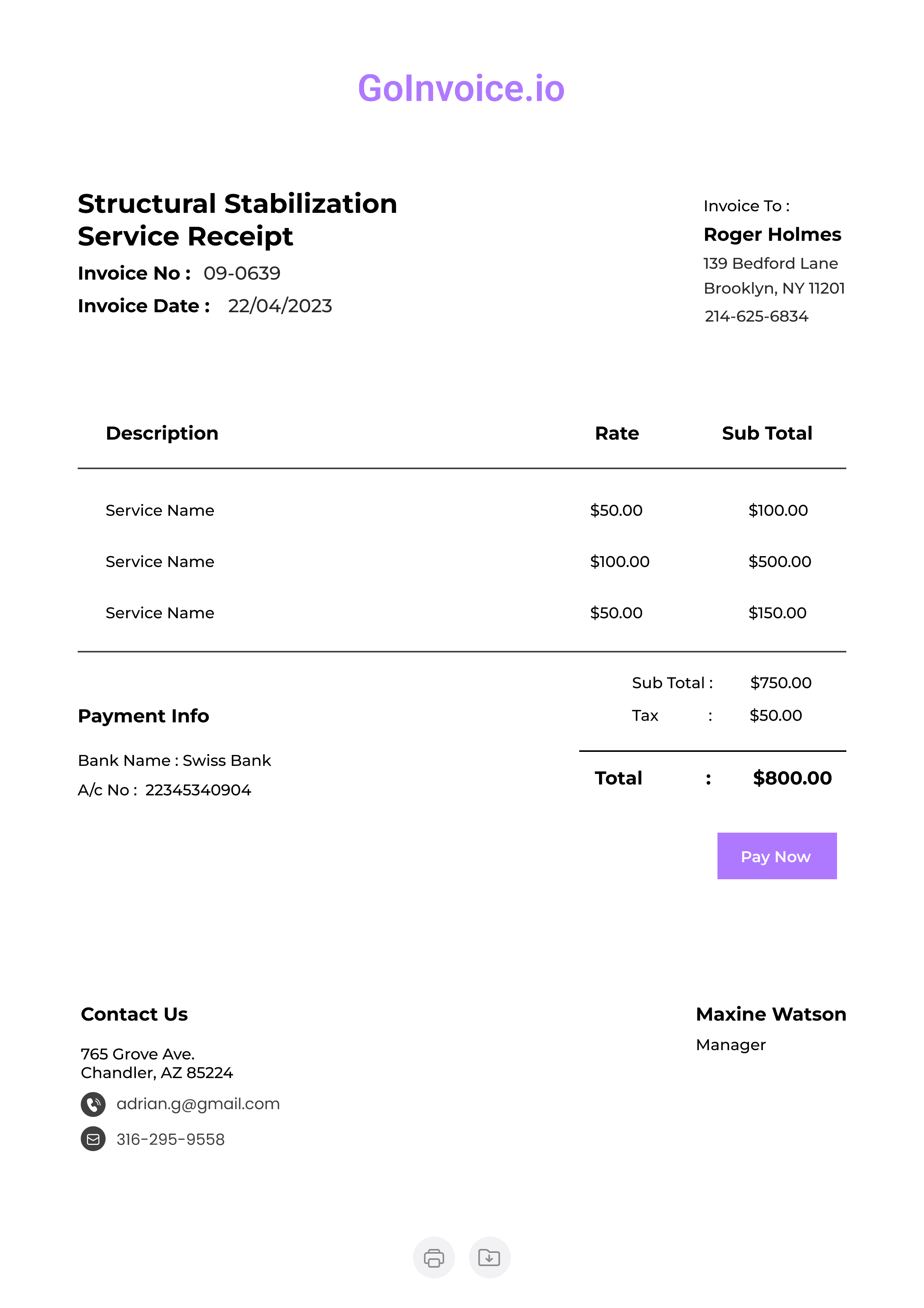 Structural Stabilization Service Receipt