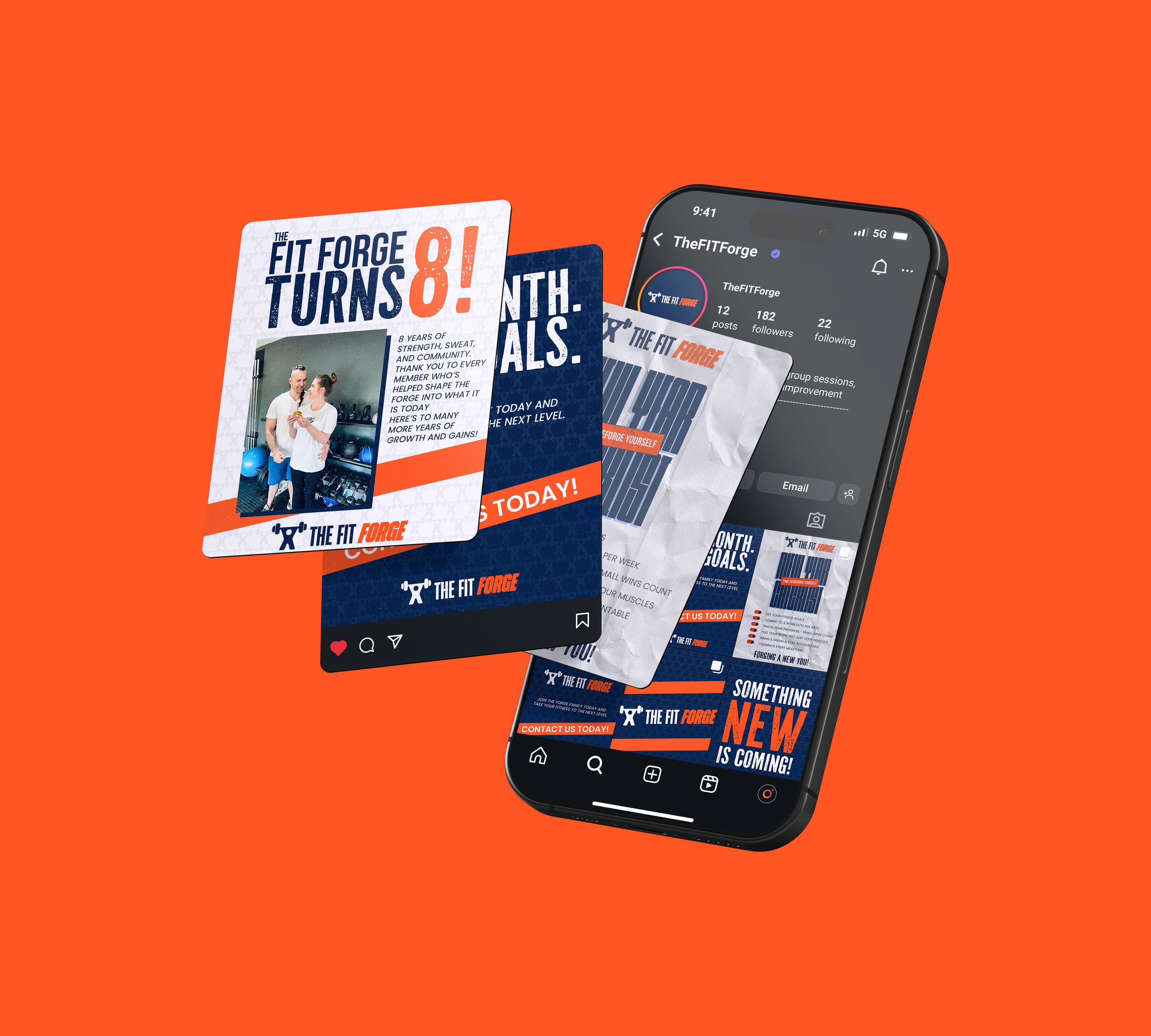 Digital assets and social media marketing graphics layout displaying mobile app interfaces and promotional flyers over a vivid solid orange background.