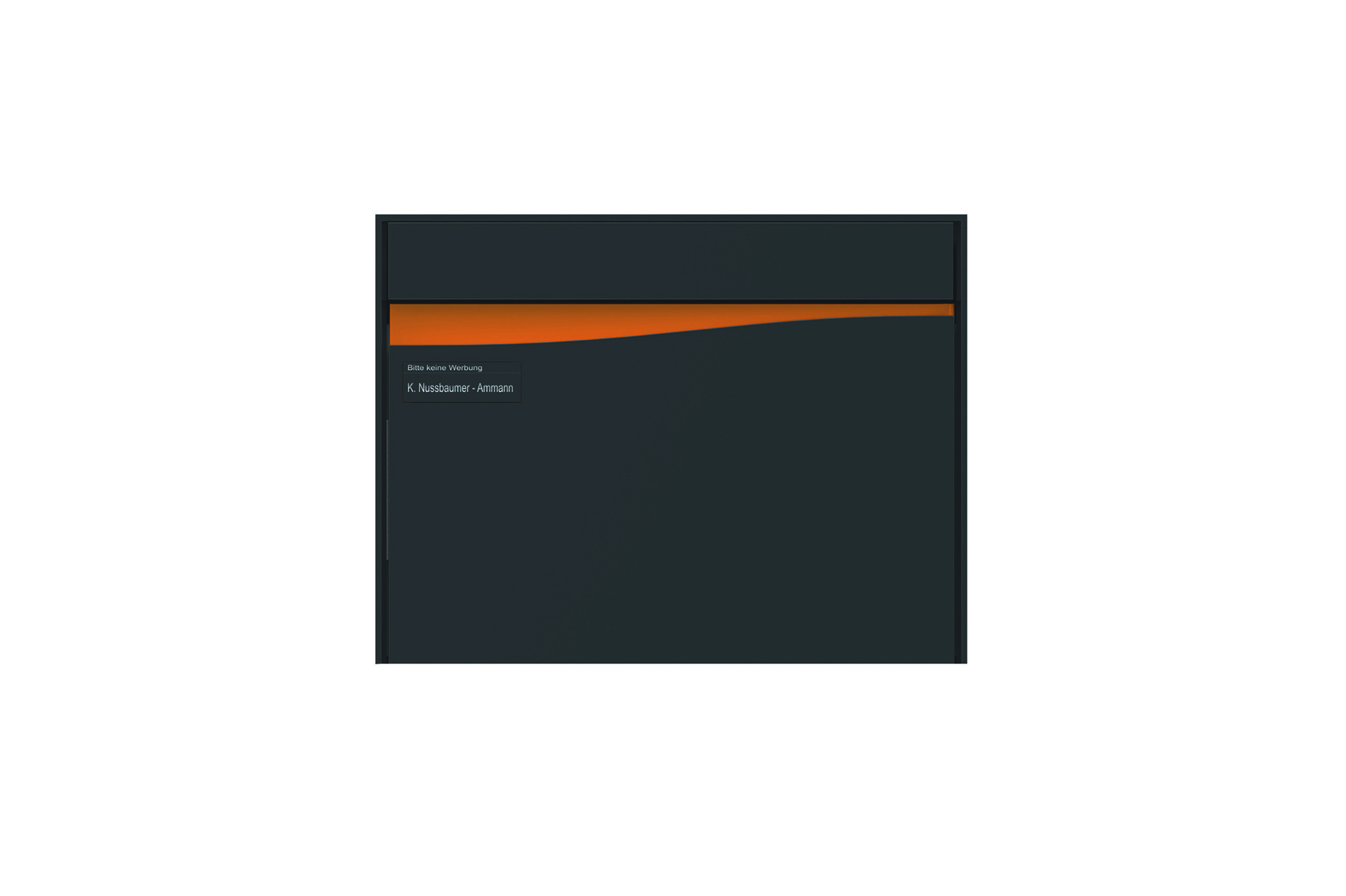 Frontansicht eines Briefkasten in schwarz mit orangem Detail (Keller, 2010)