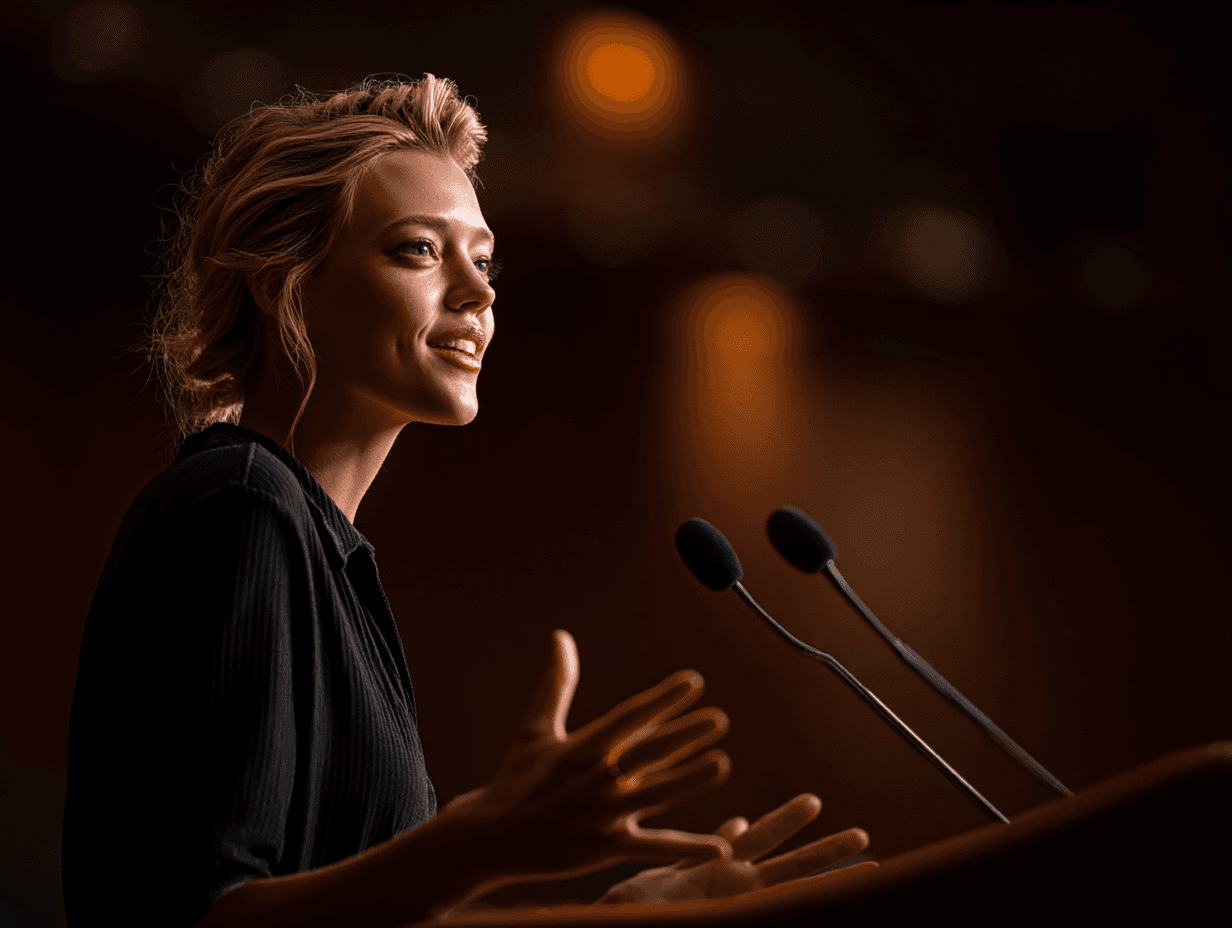 A speaker gestures passionately at a podium, illuminated by warm lighting in a dimly lit venue.