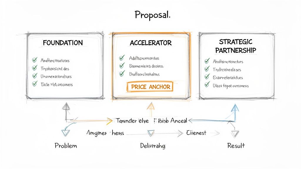 A business proposal diagram showing foundation, accelerator with price anchor, and strategic partnership.