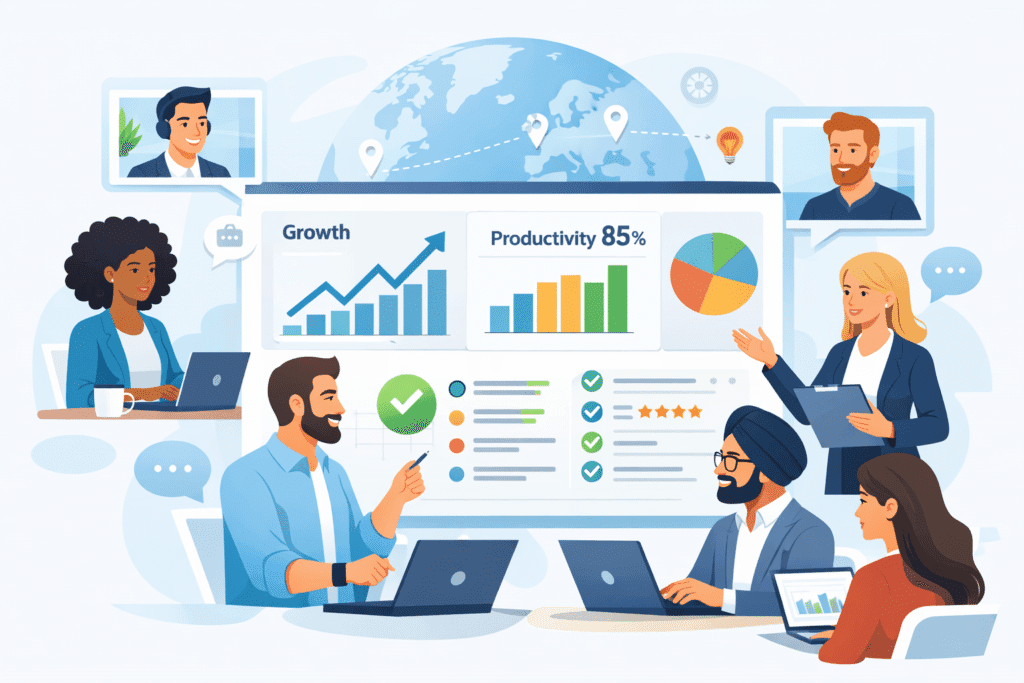 a diverse team talking about the importance of sel-evaluation examples
