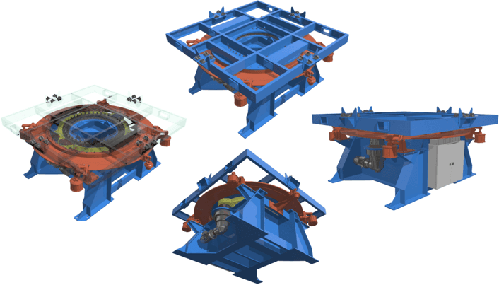 Projeto de uma Mesa Rotativa para Pallet com capacidade de até 20TON e torque de 245 kN.m com duplo acionamento sentido horário e anti-horário. Cliente final TECHNIPFMC / BNG