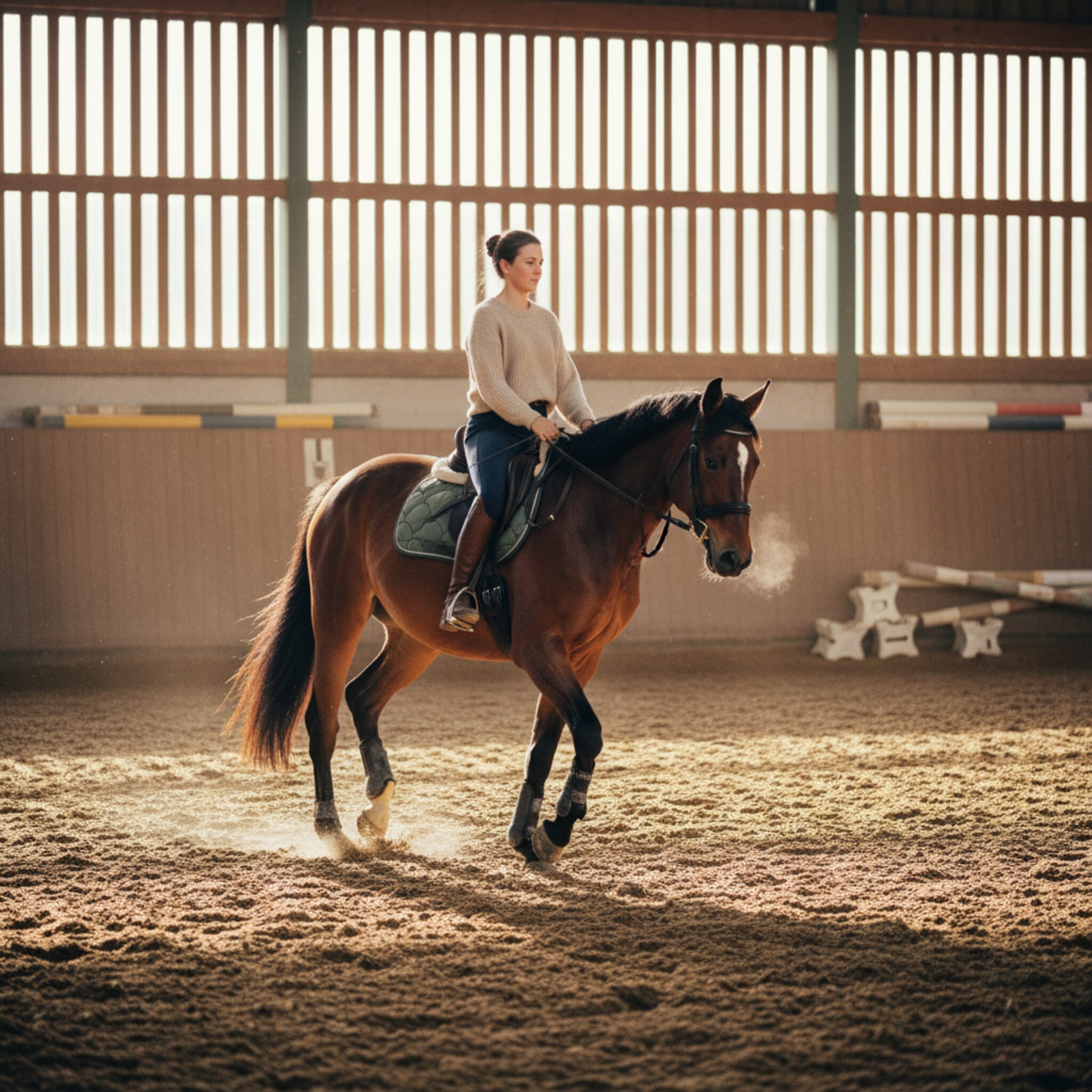 Frühes Morgenlicht fällt schräg durch die Lamellen der Reithalle und zeichnet helle Streifen auf den frisch geebneten Boden. Eine Reiterin trabt ruhig auf dem Zirkel, die Hufschläge klingen gedämpft. Am Rand stehen ordentlich gestapelte Stangen und Aufleger. Staubpartikel schweben im stillen Raum.