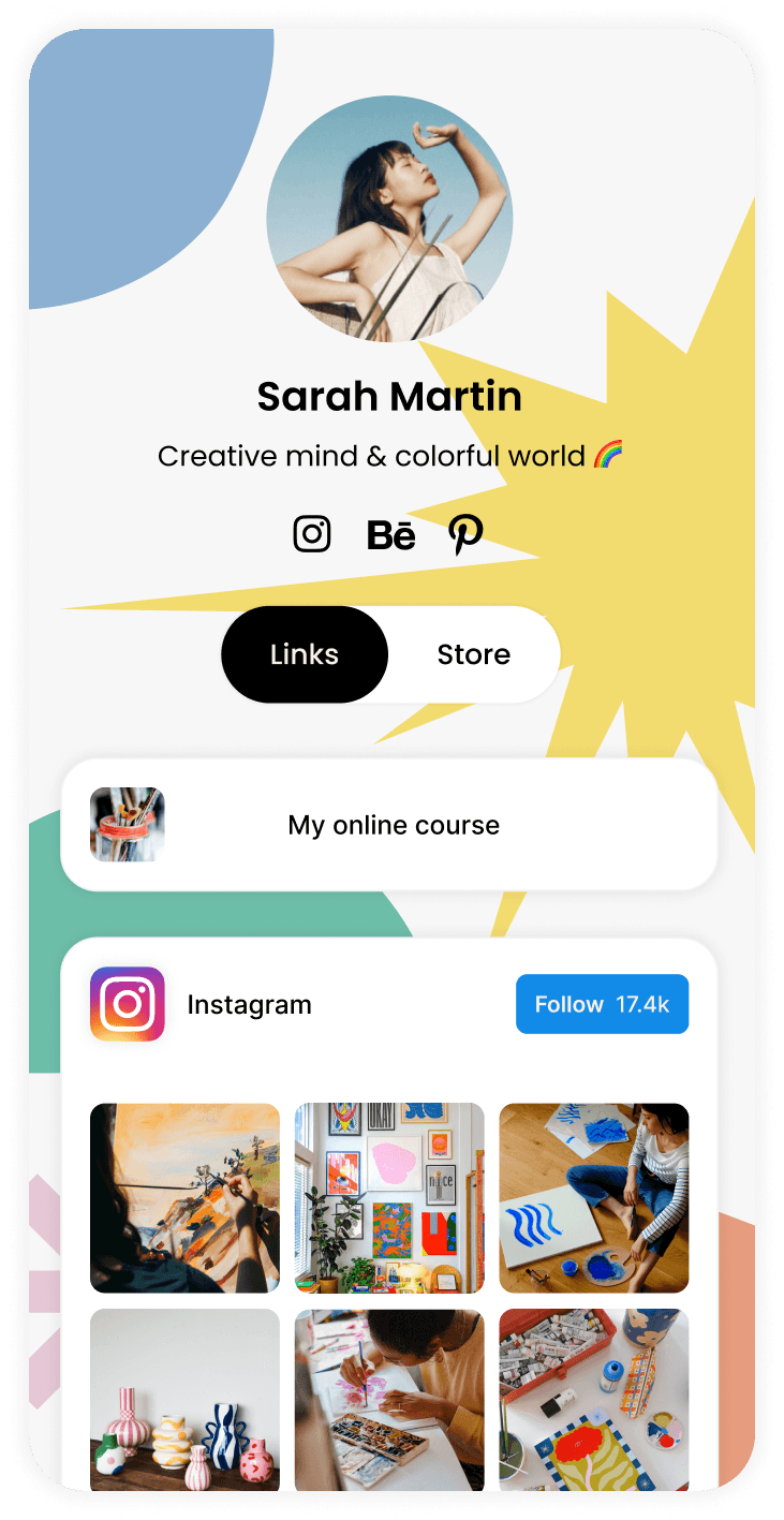 Content creator website builder template with social links and product showcase