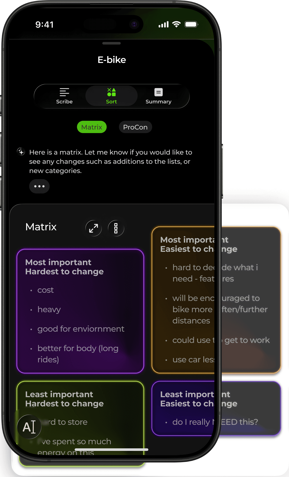 Sort screen with matrix at default size