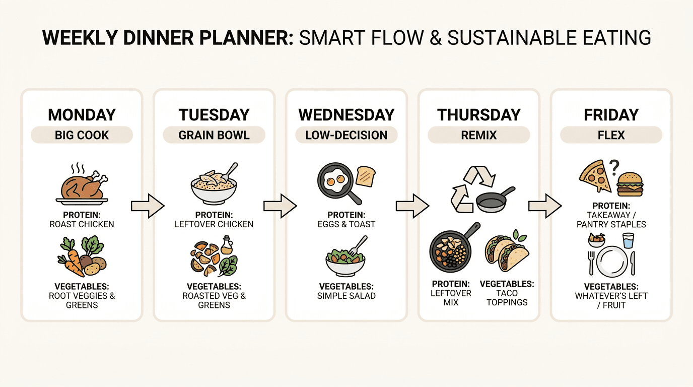 Five-panel weekly dinner planner infographic mapping Monday to Friday by dinner type