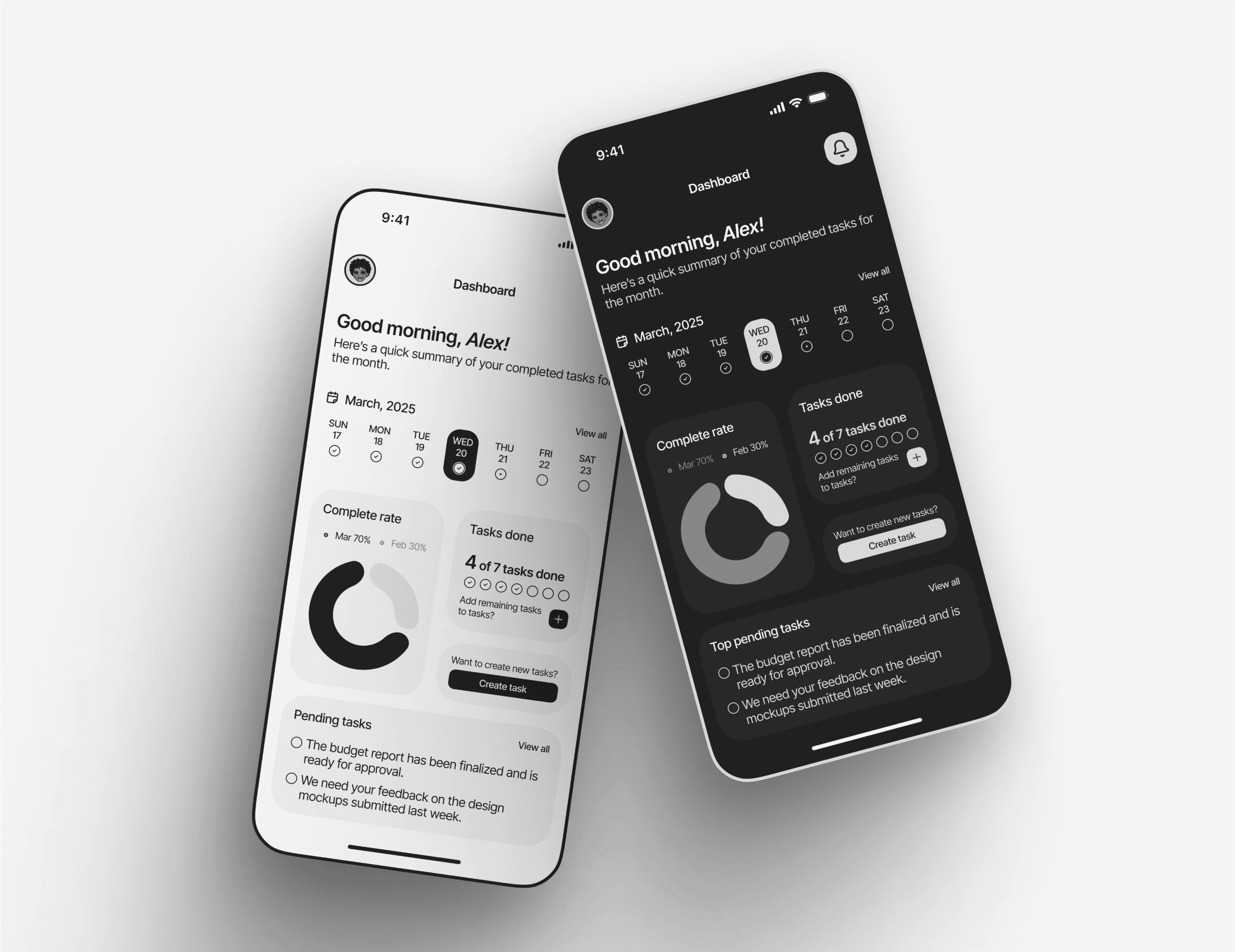 Two smartphones display dark and light mode versions of a task management app, showcasing a dashboard with user tasks, completion rates, and charts for March 2023.