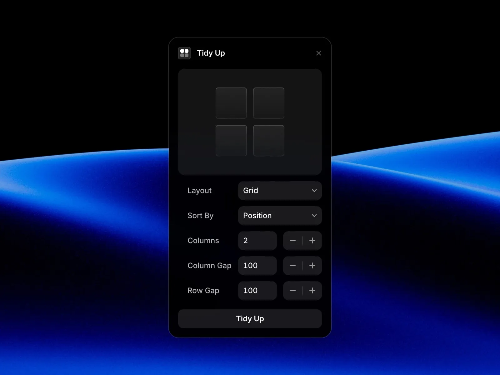 Grid layout interface with sorting and column options on a blue-black background.