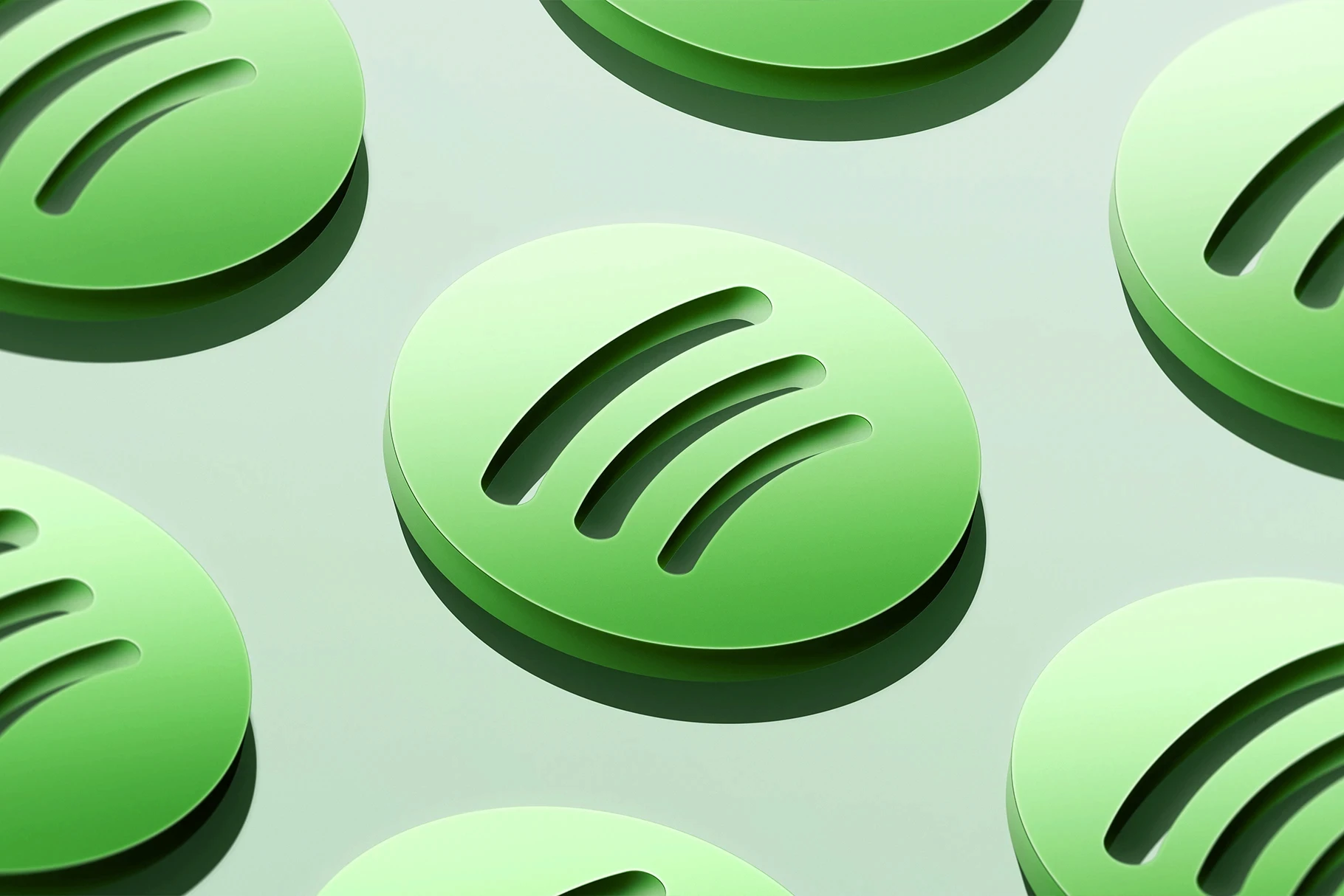 3D app icon mockup shown as a pattern of green Spotify-style logos.